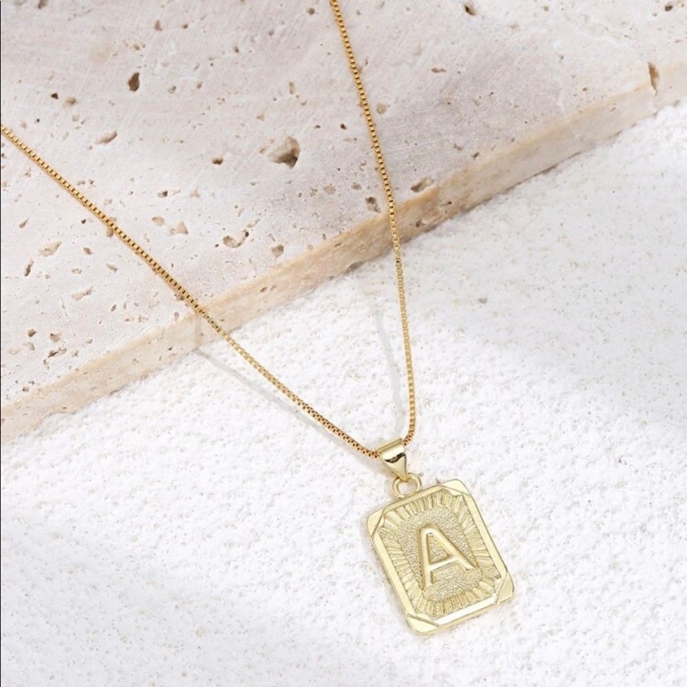 Gold Plated Letter “A” Initial Engraved Charm Tag Box Chain Necklace